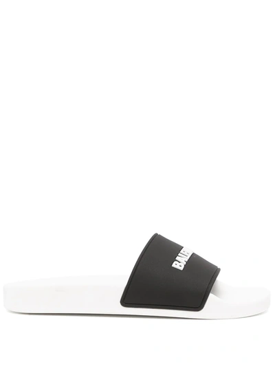 Balenciaga Pool Slide Logo Sandal White And Black In Multicolor