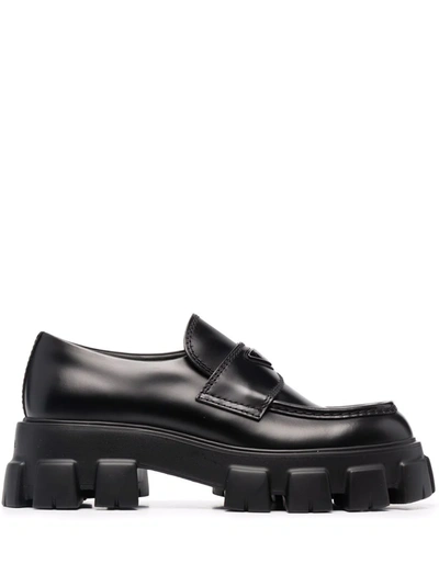 Prada Monolith Brushed Leather Loafers In Black