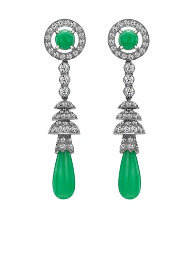 Pre-owned Pragnell Vintage 1911-1940 Platinum Art Deco Jadeite And Diamond Earrings In 银色