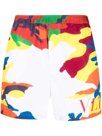 Valentino Vltn Camouflage-print Swim Shorts In White,red,green