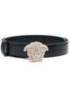 Versace Crystal-embellished Medusa Leather Belt In Black- Gol