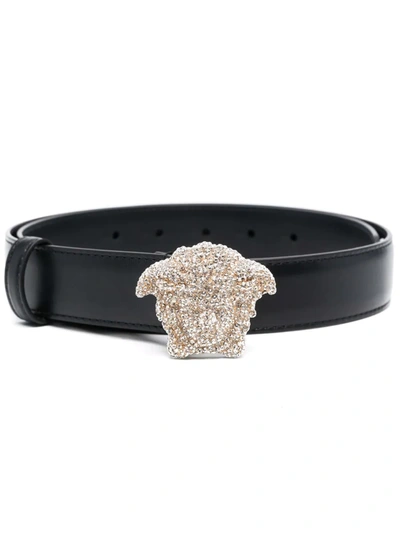 Versace Crystal-embellished Medusa Leather Belt In Black Vers