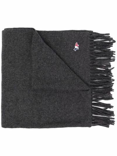 Maison Kitsuné Tricolour Fox-patch Tasselled Wool Scarf In Grey