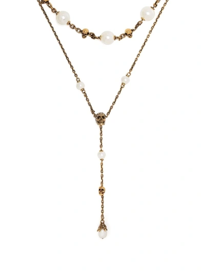 Alexander Mcqueen Double-wrap Faux-pearl Charm Necklace In Gold