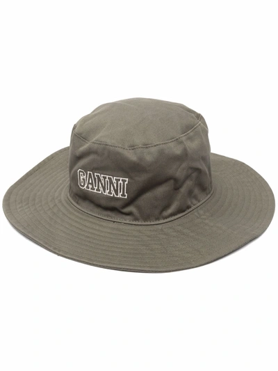 Ganni Logo Organic Cotton Sun Hat In Green