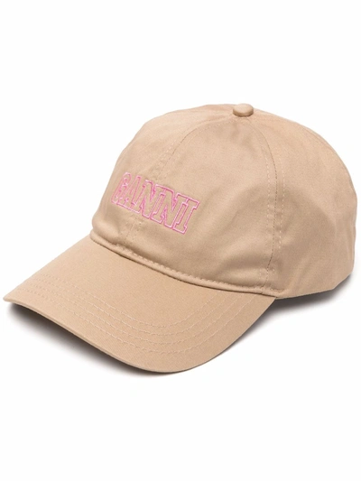 Ganni Logo Embroidered Organic Cotton Cap In Braun