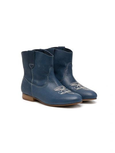 Bonpoint Kids' Blue Embroidered Texas Leather Ankle Boots