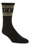 Versace Logo Cotton Blend Crew Socks In Black/ Gold