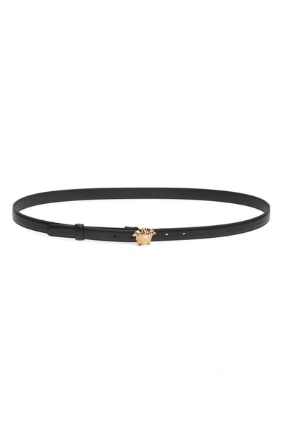 Versace Medusa Leather Skinny Belt In Black/ Gold