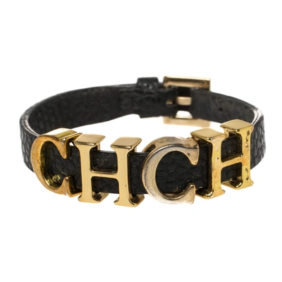 Pre-owned Ch Carolina Herrera Carolina Herrera Black Leather Gold Tone Adriana Bracelet