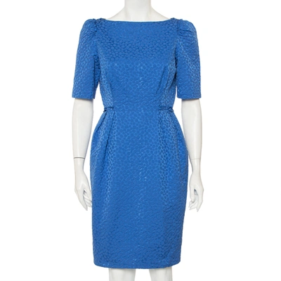 Pre-owned Ch Carolina Herrera Blue Embossed Cotton Sheath Dress M