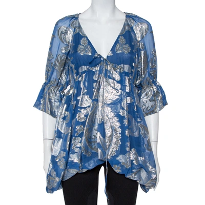 Pre-owned Stella Mccartney Blue Floral Lamé Asymmetrical Hem Top M