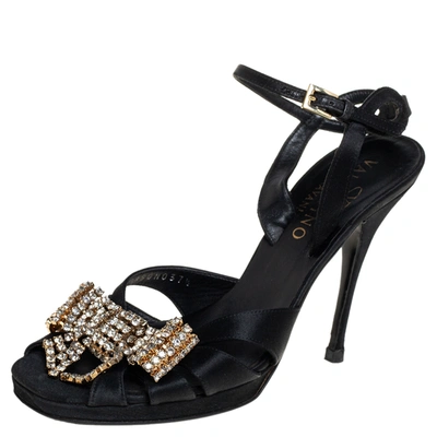 Pre-owned Valentino Garavani Black Satin Bow Crystal Embellished Ankle Strap Sandals Size 37