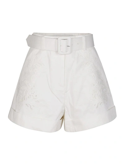 Self-portrait Belted Embroidered Cotton Canvas Shorts In White