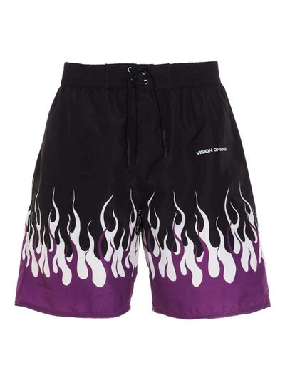 Vision Of Super Logo-print Flame Swim Shorts In Black