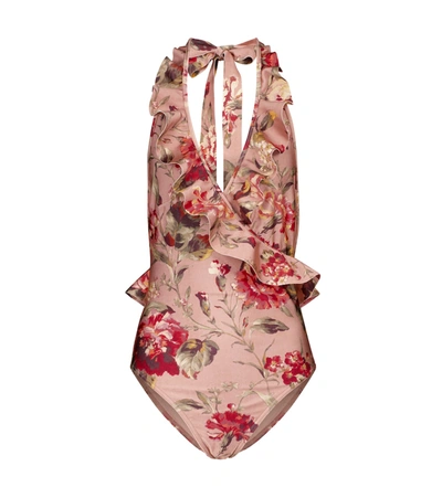 Zimmermann Cassia Floral Print Frill Wrap One-piece Swimsuit In 粉色