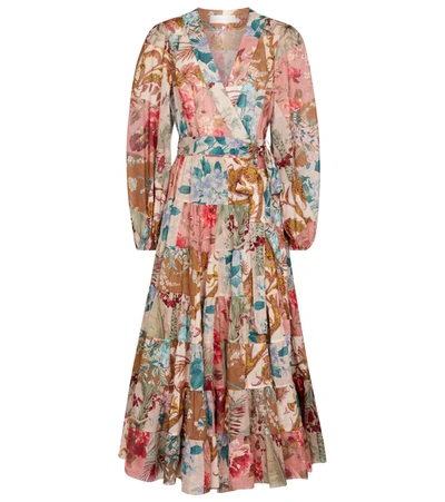 Zimmermann Cassia Patchwork Floral-print Cotton-voile Wrap Dress In Braun