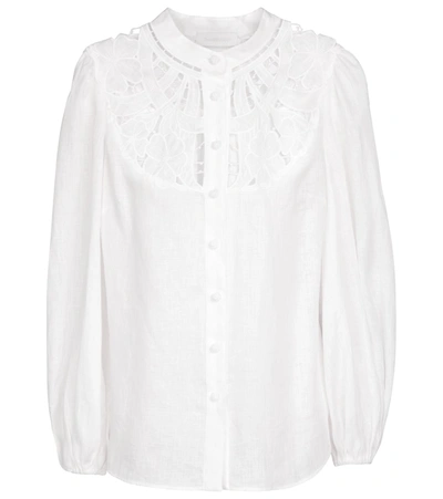 Zimmermann Cassia镂空花卉刺绣泡泡袖亚麻上衣 In White