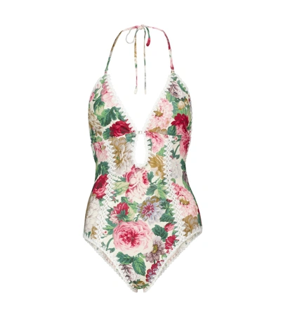 Zimmermann Mae Crochet-trimmed Floral Swimsuit In Nude