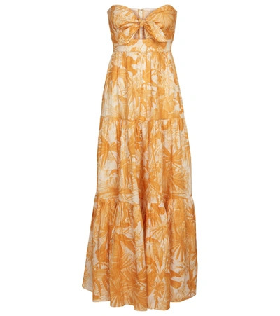 Zimmermann Mae Cutout Tie-detailed Printed Linen Maxi Dress In Yellow,beige
