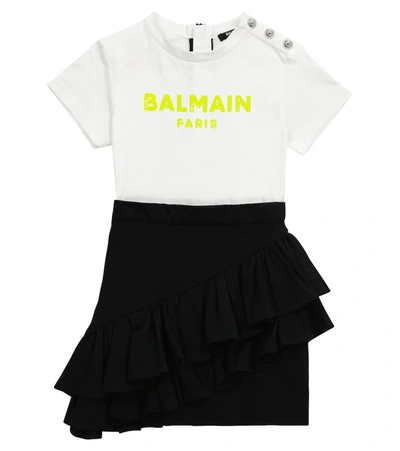 Balmain Kids' Panelled Logo-print T-shirt Dress In Black&white 