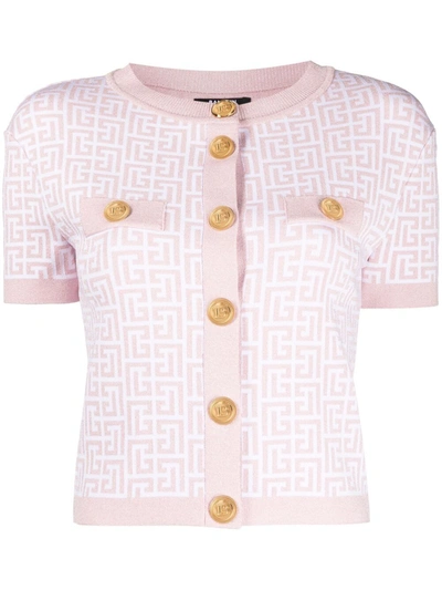 Balmain Pink & White Monogram Cropped Cardigan