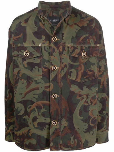 Versace Baroqueflage Printed Denim Stretch Shirt In Green