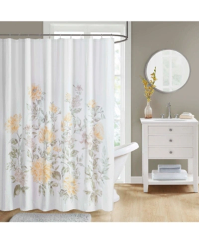 Decor Studio Delores Cotton Textured Floral-print 72" X 72" Shower Curtain Bedding In White/gold