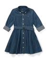 RALPH LAUREN GIRL'S BELTED FIT-AND-FLARE DENIM SHIRTDRESS,PROD243220417