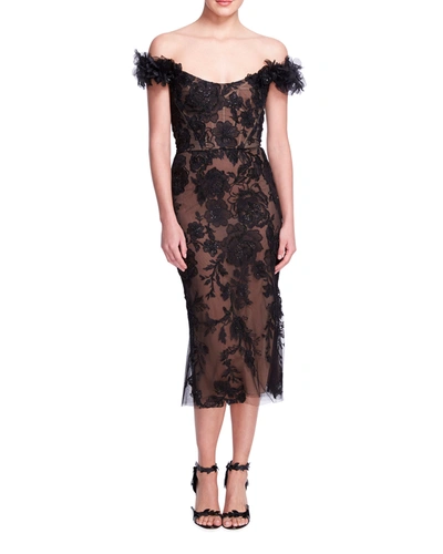Marchesa Off The Shoulder Embroidered Tulle Cocktail Dress In Black