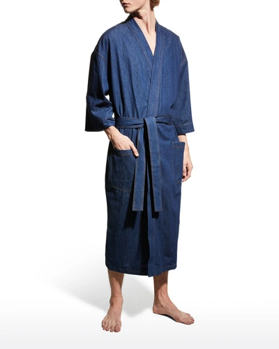 Majestic Men's Jasper Terry-lined Denim Kimono Dressing Gown In Blue