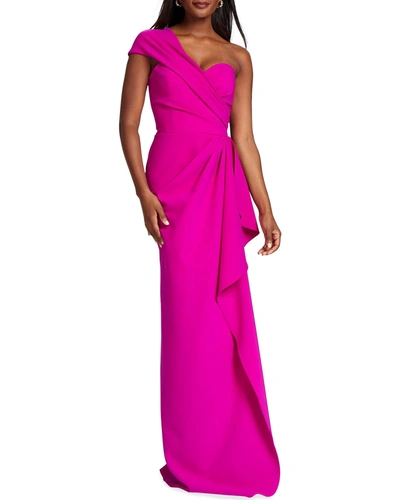 Rickie Freeman For Teri Jon One-shoulder Draped Stretch Crepe Gown In Magenta