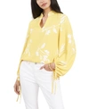 Vince Camuto Petite Flutter Sleeve Floral Whisps V- Neck Tunic In Pale Lemon