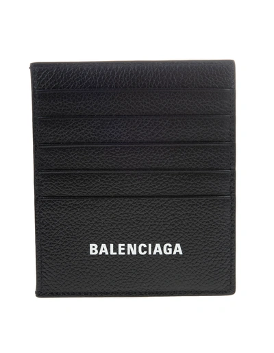 Balenciaga Black Crocodile Effect Leather Card Holder With White Logo In Black/l White