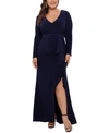 Betsy & Adam V-neck Cascading Ruffle Gown In Navy Blue