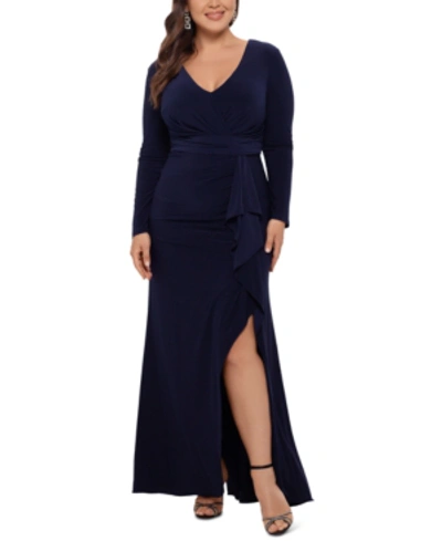 Betsy & Adam Plus Size V-neck Gown In Navy Blue