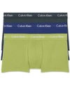Calvin Klein Cotton Stretch Moisture Wicking Low Rise Trunks, Pack Of 3 In Hemisphere Blue, Direct Green, Blue Flannel