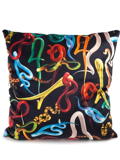 Seletti Snakes Print Square Cushion In 黑色