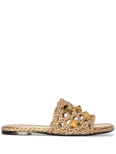 Valentino Garavani Roman Stud Woven Metallic Leather Slides In Gold