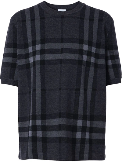 Burberry Wells Check Jacquard Silk & Wool Jumper T-shirt In Charcoal Melange