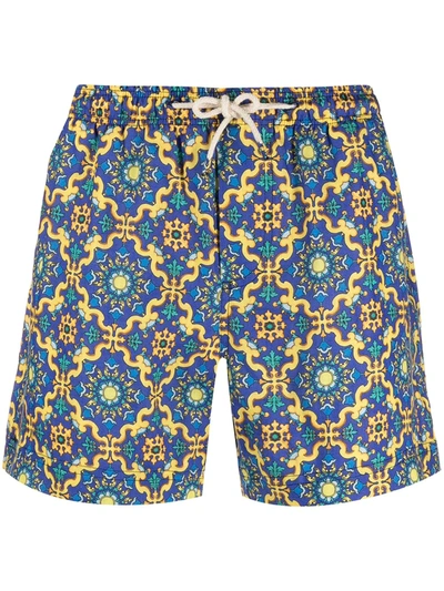 Peninsula Swimwear Tile-print Drawstring-waist Swim Shorts In Blue