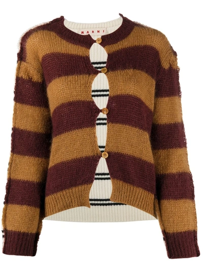 Marni Striped Cardigan In Wool And Mohair In Red,brown,white