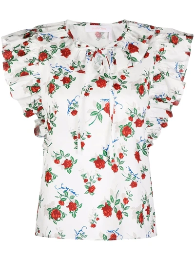 See By Chloé Ruffled Floral-print Cotton-poplin Blouse In White