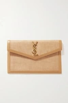 SAINT LAURENT UPTOWN LEATHER-TRIMMED RAFFIA POUCH