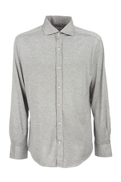 Brunello Cucinelli Slim Fit Shirt In Light Silk And Cotton Jersey With French Collar In Light Grey
