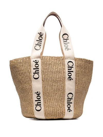 Chloé + Net Sustain Woody Large Printed Canvas And Leather-trimmed Raffia Basket Bag In Nude