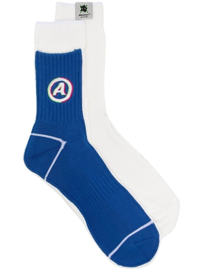 Ader Error Different Contrast Embroidered-logo Socks In Blue