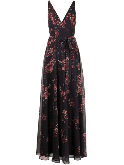 Marchesa Notte Bridesmaids Floral-print V-neck Sleeveless Gown In Red