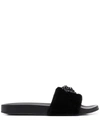 Versace Logo-embellished Faux Fur Slides In Black