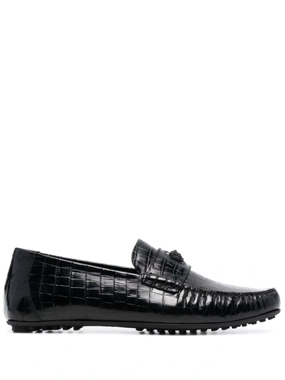 Versace Black Croc-embossed Medusa Loafers In Schwarz